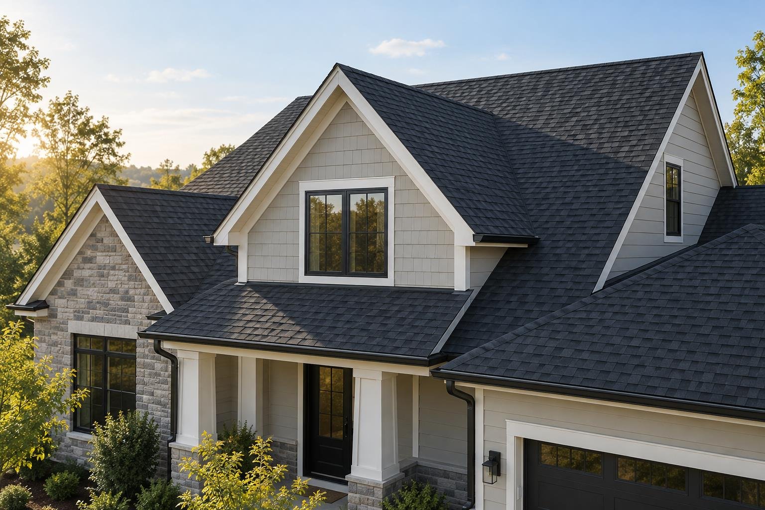 Illustrative view of a home with a dark shingle roof